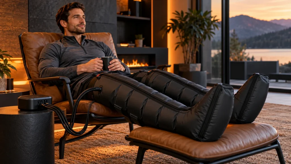 Illustrative athlete seated in compression boots with a separate controller.