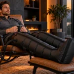 Illustrative athlete seated in compression boots with a separate controller.