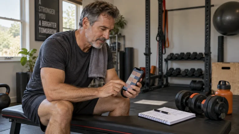 Illustrative scene of a man checking a generic workout app beside home exercise equipment and a paper log; no real app interface or hands-on app test is shown.