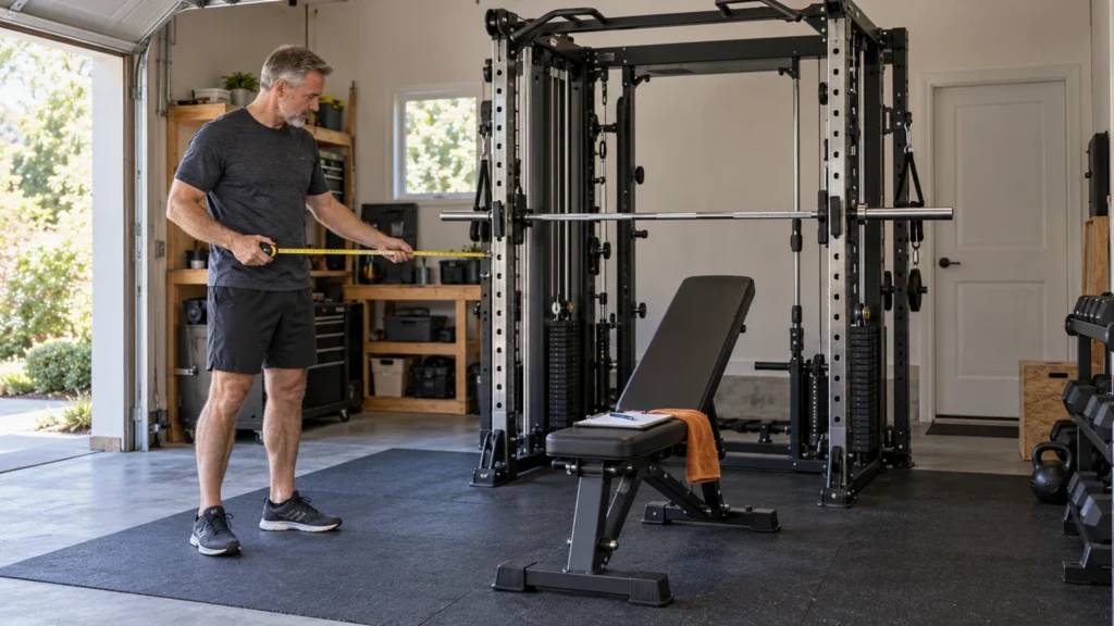 Illustrative scene of a man over 50 measuring space beside a generic integrated rack, Smith machine and cable system.