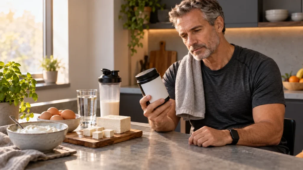 Illustrative scene of a man over 50 comparing an unbranded supplement with everyday protein foods.