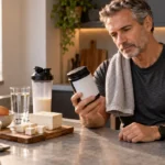 Illustrative scene of a man over 50 comparing an unbranded supplement with everyday protein foods.