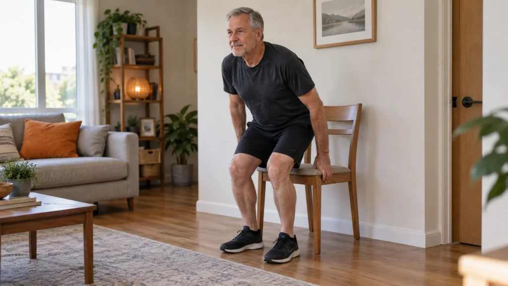 Illustrative scene of a man in his 50s rehearsing a chair stand beside a solid wall at home.