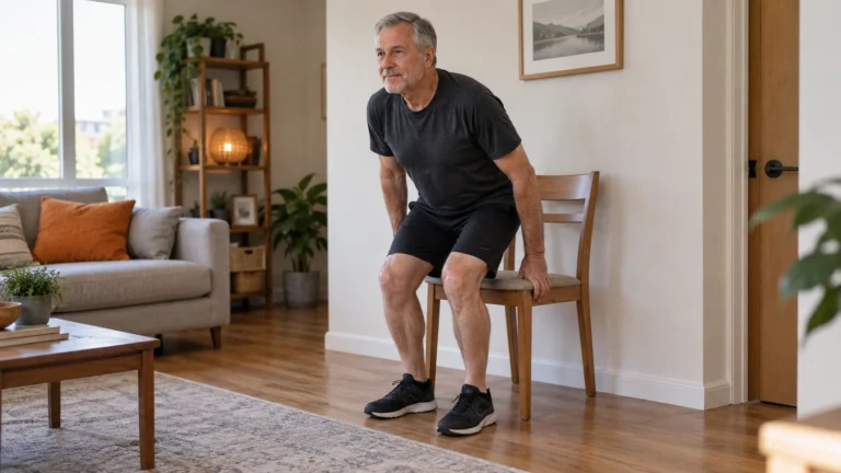 Beginner Home Workouts | A Practical First Session After 50 1 Illustrative scene of a man in his 50s rehearsing a chair stand beside a solid wall at home.