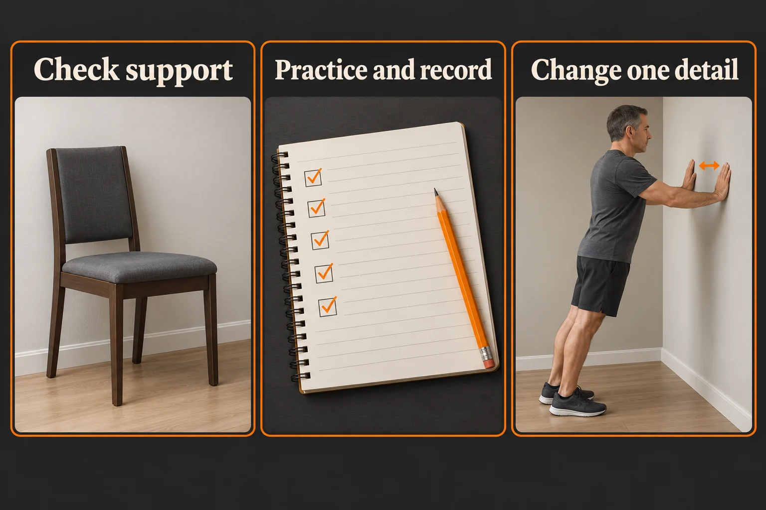 Beginner Home Workouts | A Practical First Session After 50 5 Illustrative three-panel beginner planning guide labelled Check support, Practice and record, and Change one detail.