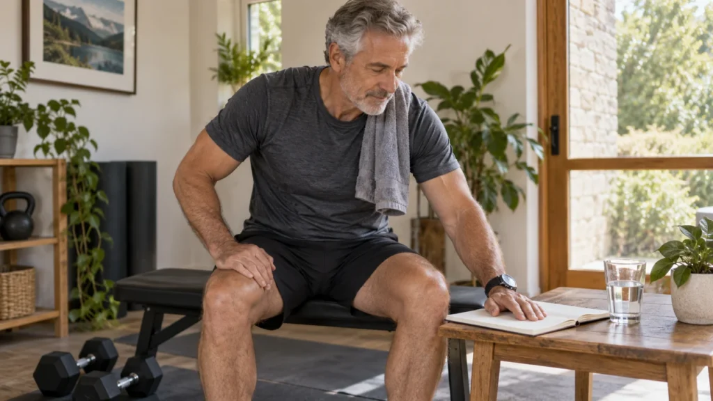 Illustrative scene of a man over 50 reviewing a training notebook beside simple home exercise equipment.
