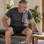 Illustrative scene of a man over 50 reviewing a training notebook beside simple home exercise equipment.