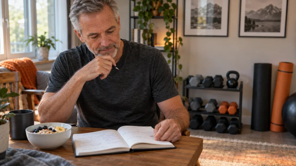 Illustrative scene of a man in his late 50s reviewing a workout notebook beside a yogurt bowl, with dumbbells behind him.
