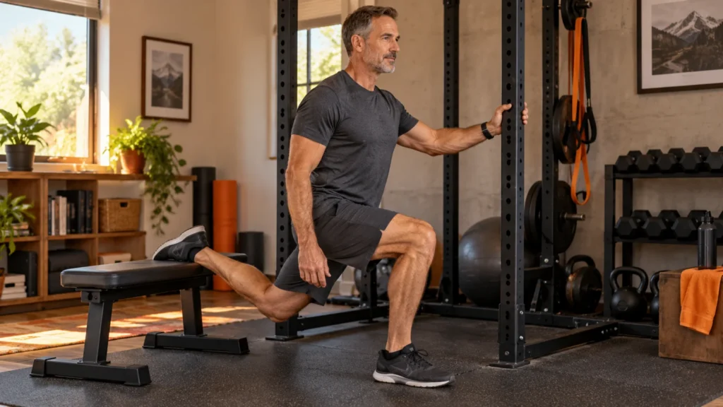 Illustrative home exercise scene for Bulgarian split squats; not a tested product or measured technique demonstration.