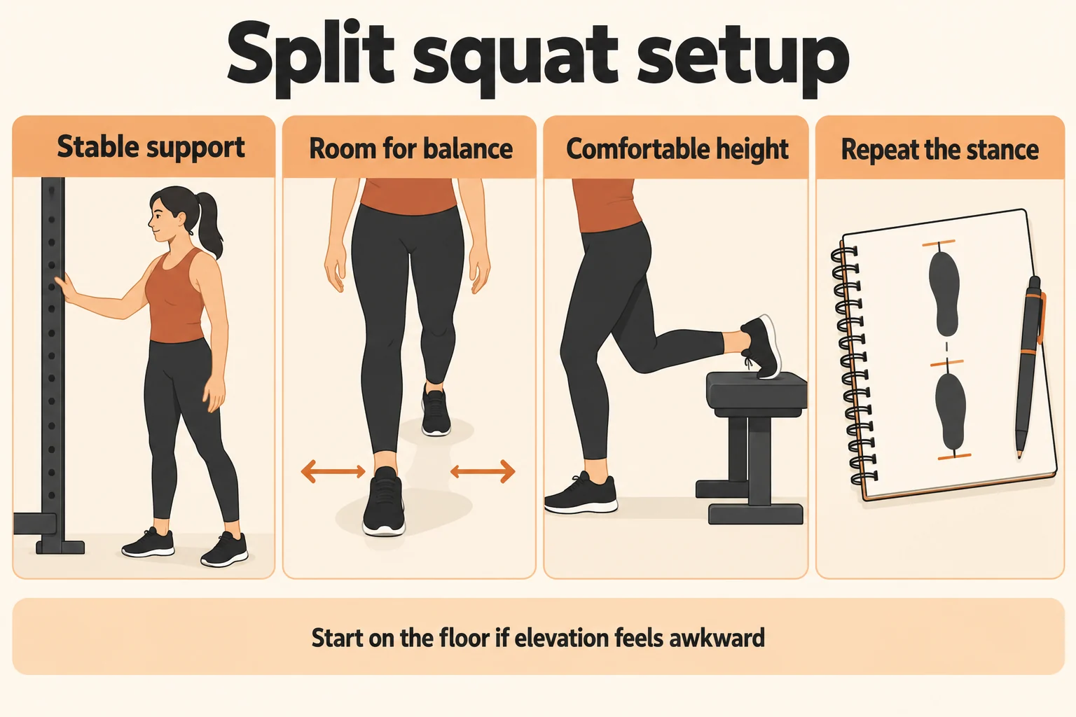 Bulgarian Split Squats | Setup, Support and Progression 3 Split squat setup. Illustrative setup checks, not a prescribed bench height or stance measurement. Keep the rear foot on the floor when elevation is uncomfortable.
