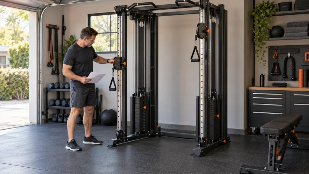 Illustrative scene of a man over 50 inspecting a generic dual-stack cable trainer with a planning checklist, not a tested product.