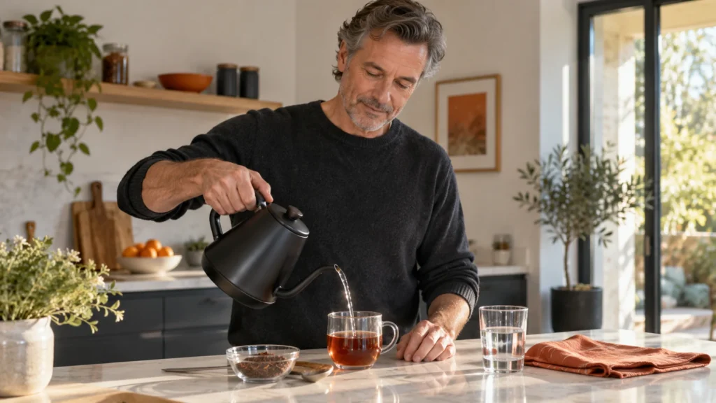 Illustrative editorial scene of a man in his 50s preparing a reddish herbal drink at home.