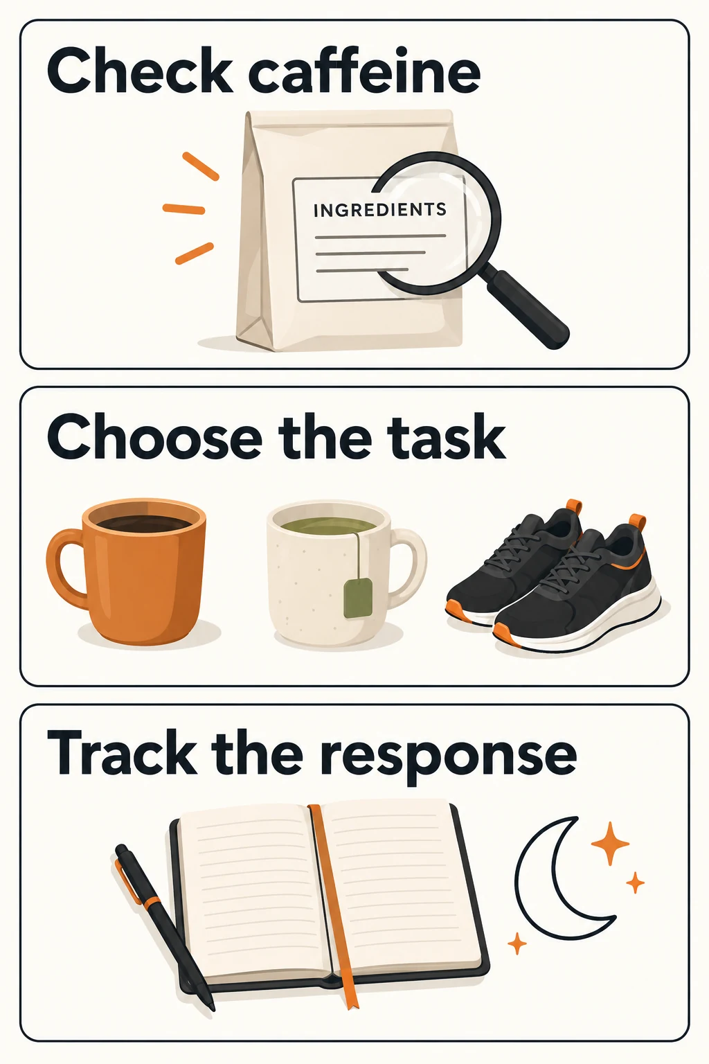 Choose a replacement you can evaluate. Illustrative routine guide: check caffeine, decide which task or drink occasion to replace and record your response. The walking shoes and moon represent a break and sleep context, not measured energy or guaranteed sleep benefits.