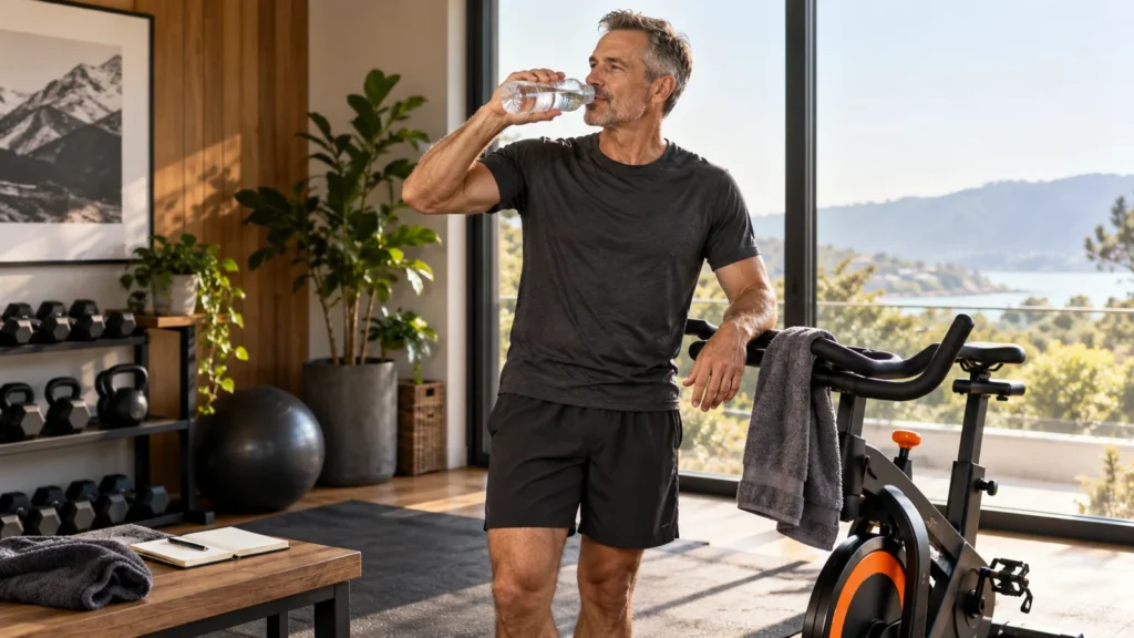 Illustrative scene of a man in his 50s drinking water beside a stationary bike after training.