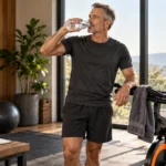 Illustrative scene of a man in his 50s drinking water beside a stationary bike after training.