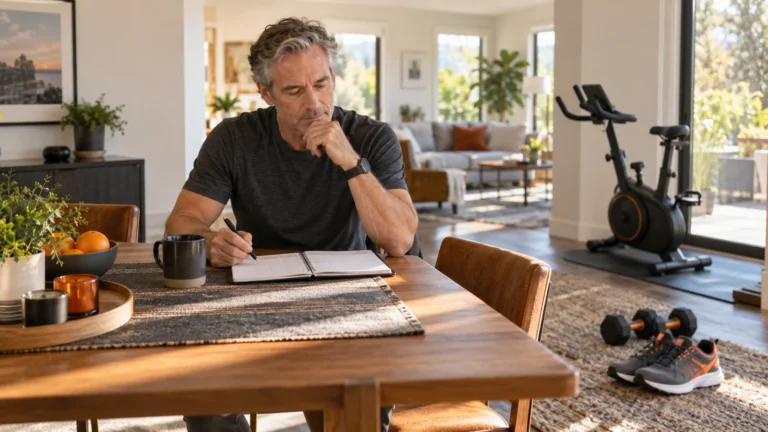 Cardio Workouts | A Weekly Plan Around Strength and Recovery 1 Illustrative editorial image of a man in his 50s planning a training week at home, with walking shoes, dumbbells and a stationary bike nearby.