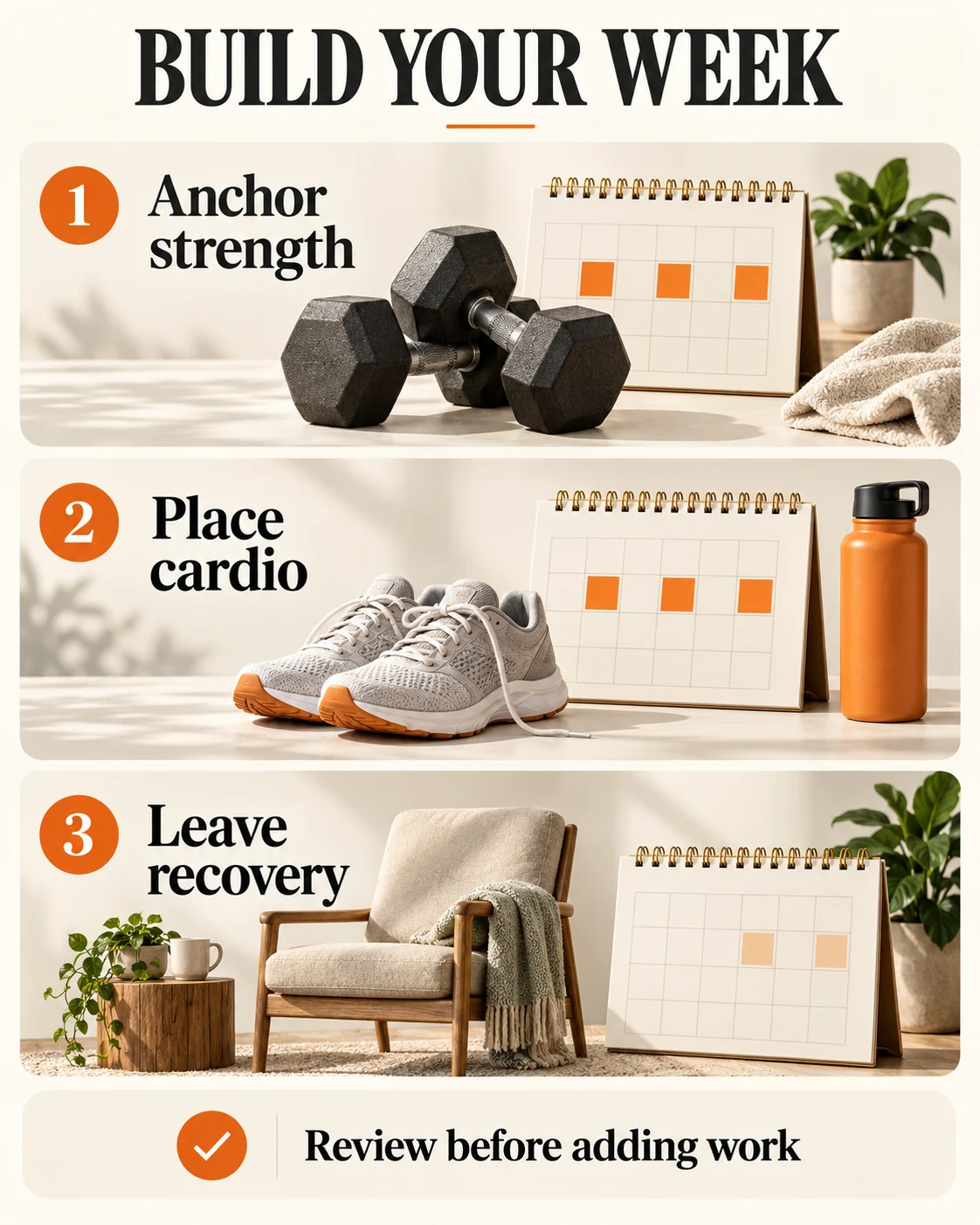 Cardio Workouts | A Weekly Plan Around Strength and Recovery 3 Build your week: strength, cardio and recovery. Illustrative planning sequence: place suitable strength sessions, fit familiar cardio around them and leave room for recovery. The calendar marks are symbolic, not a prescribed training frequency or a measurement of recovery.