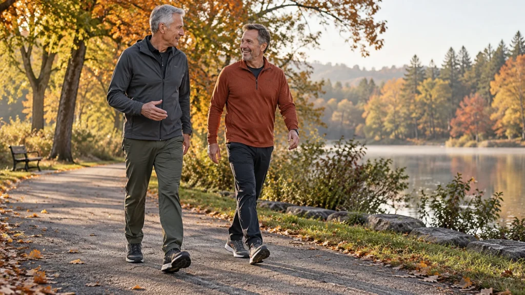 Illustrative editorial image of two men over 50 walking and talking on a level park path.