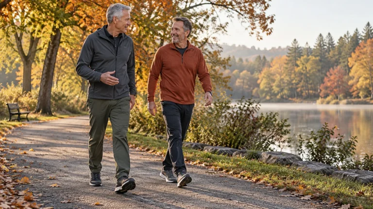 Best Cardio for Men Over 50 | Choose Your Activity and Starting Pace 1 Illustrative editorial image of two men over 50 walking and talking on a level park path.