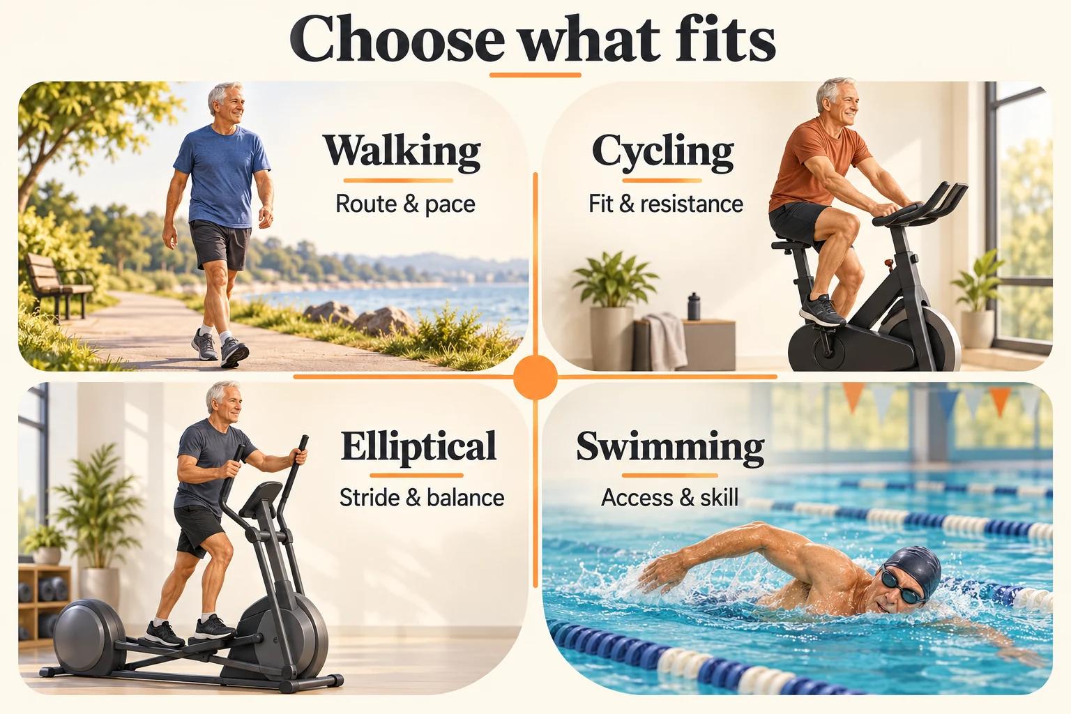 Best Cardio for Men Over 50 | Choose Your Activity and Starting Pace 3 Choose what fits: four cardio activity checks. Illustrative activity choices: walking, route and pace; cycling, fit and resistance; elliptical, stride and balance; swimming, access and skill. These are selection checks, not safety rankings or technique assessments.