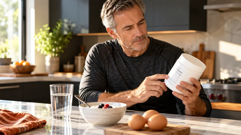 Illustrative scene of a man in his 50s reading a plain supplement label at a kitchen counter beside ordinary protein foods.