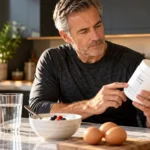 Illustrative scene of a man in his 50s reading a plain supplement label at a kitchen counter beside ordinary protein foods.