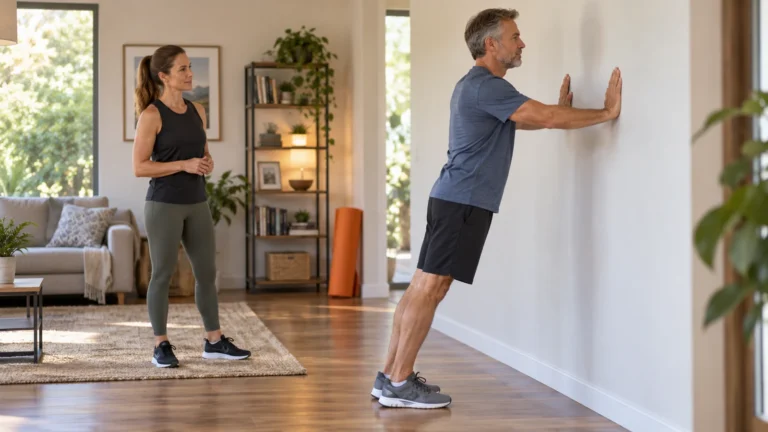 Core Stability Exercises | Technique, Breathing and Regressions 8 Illustrative editorial image of a man in his 50s practising an elevated wall plank with an instructor nearby.
