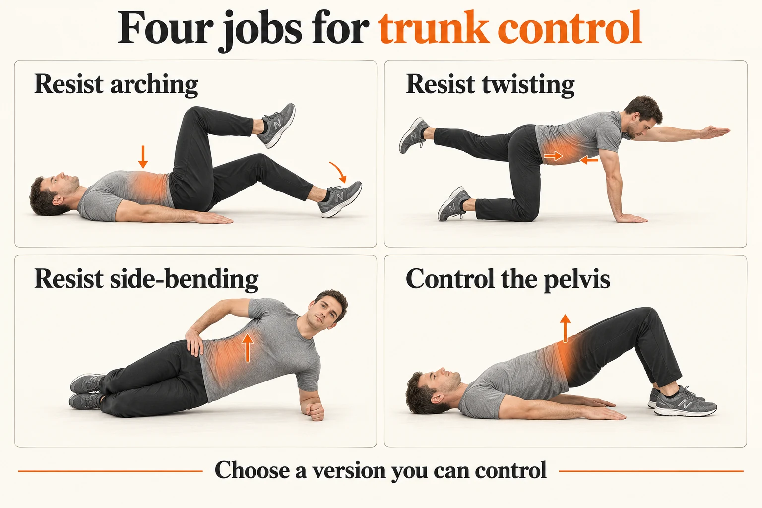 Core Stability Exercises | Technique, Breathing and Regressions 3 Four jobs for trunk control. Illustrative exercise categories: resist unwanted arching, turning and side-bending, and coordinate the pelvis with the hips. The categories overlap; the written instructions explain the setup and easier options.