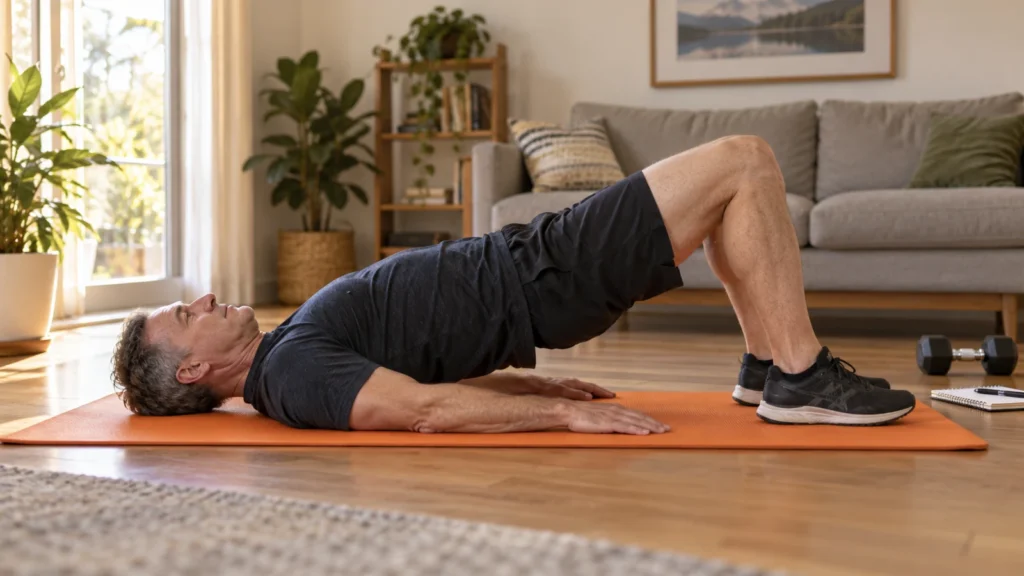 Illustrative editorial image of a man in his 50s performing a two-leg bridge on a mat at home.
