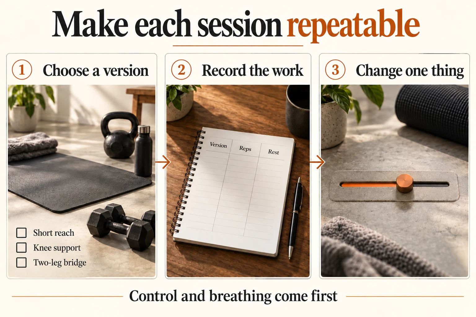 Make each session repeatable. Illustrative planning guide: choose an exercise version, record the work and change one detail at a time. Short reaches, knee support and a two-leg bridge are possible versions; use the written setup instructions for each movement.