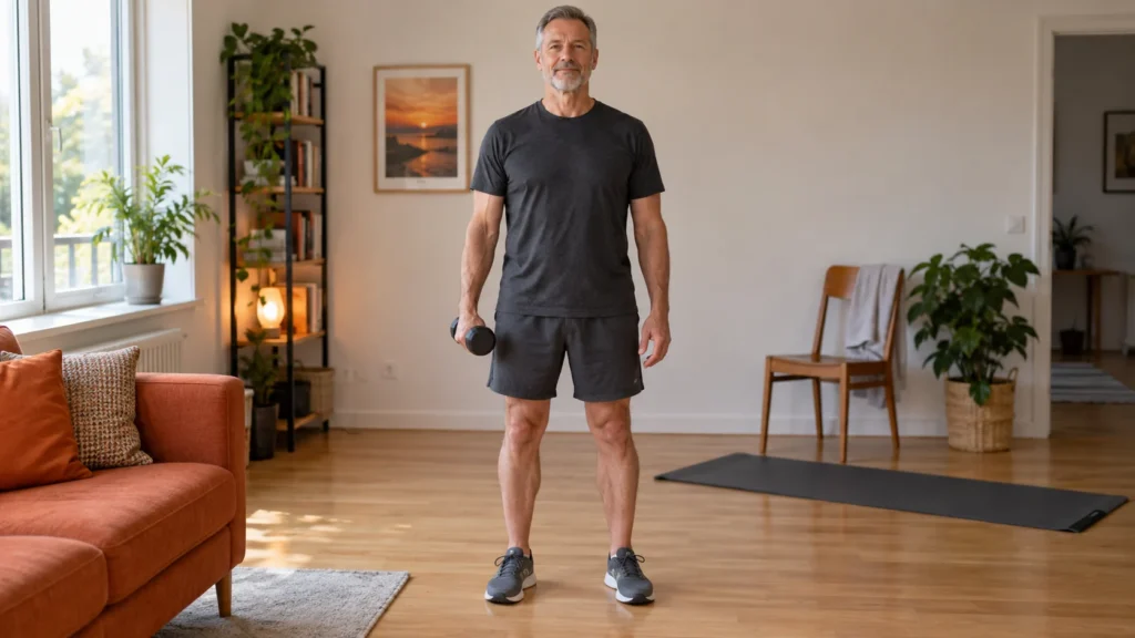 Illustrative scene of a man in his 50s standing upright with one small dumbbell at his side in a clear home exercise space.