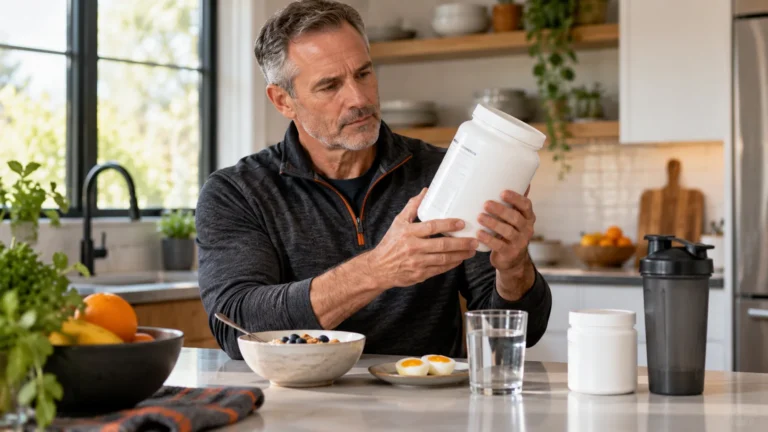 Creatine and Protein After 50 | Food Gaps and Label Checks 12 Illustrative scene of a man in his 50s reading an unbranded supplement container at a kitchen counter beside ordinary foods.