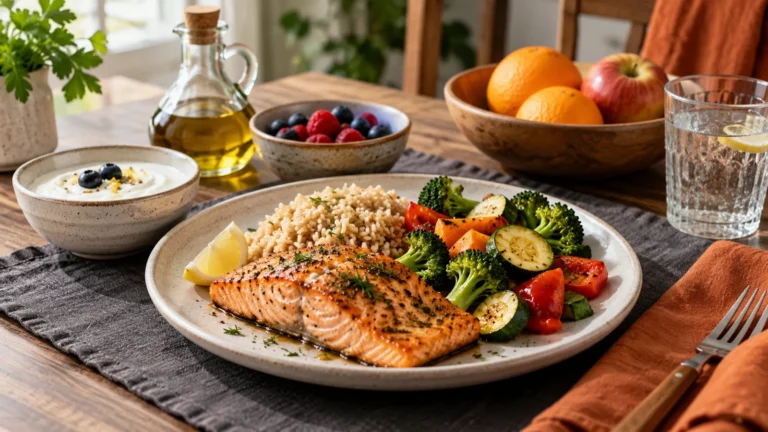 Diets That Boost Testosterone | Evidence and a Practical Meal Plan 5 Illustrative serving suggestion of salmon, rice, vegetables, yogurt and fruit; not a tested testosterone-boosting recipe or prescribed portion.