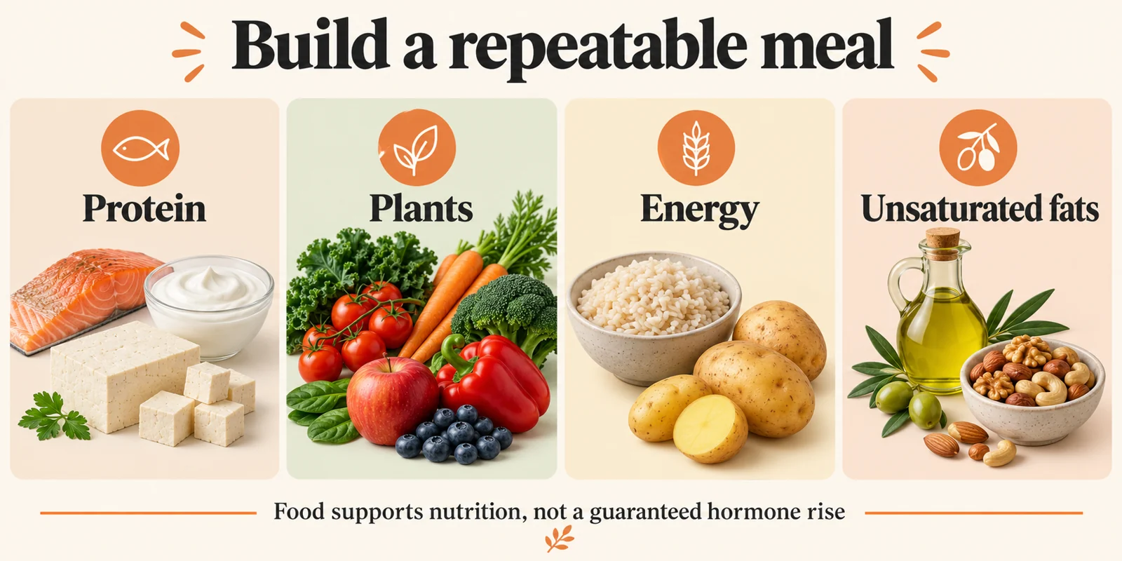 Diets That Boost Testosterone | Evidence and a Practical Meal Plan 3 Build a repeatable meal. Illustrative meal components: protein, vegetables or fruit, an energy source, and unsaturated fats. Panel sizes are not calorie proportions or a prescribed hormone diet.