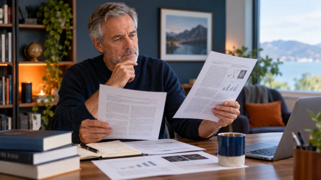 Illustrative editorial scene of a man in his 50s comparing research papers at a home desk.