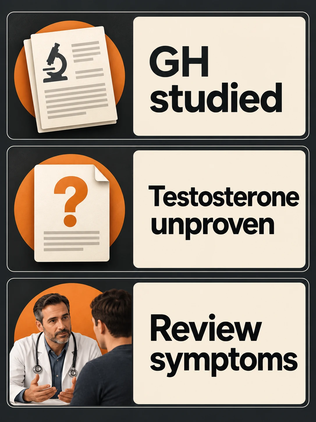 Separate GH research from testosterone treatment evidence. Illustrative evidence guide: GH studied, testosterone benefit unproven, symptoms to review. A GH finding does not establish a testosterone treatment. Unproven does not mean a zero effect has been demonstrated.