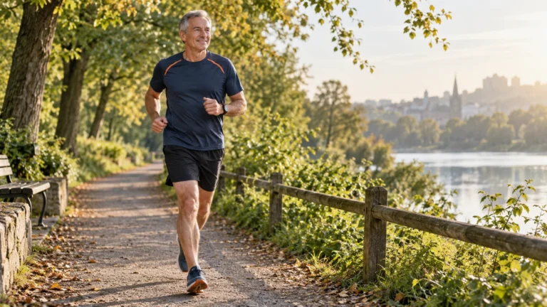 Does Running Boost Testosterone? | Training, Fuel and Recovery 3 Illustrative editorial scene of a man in his 50s jogging at a relaxed pace on a park trail.