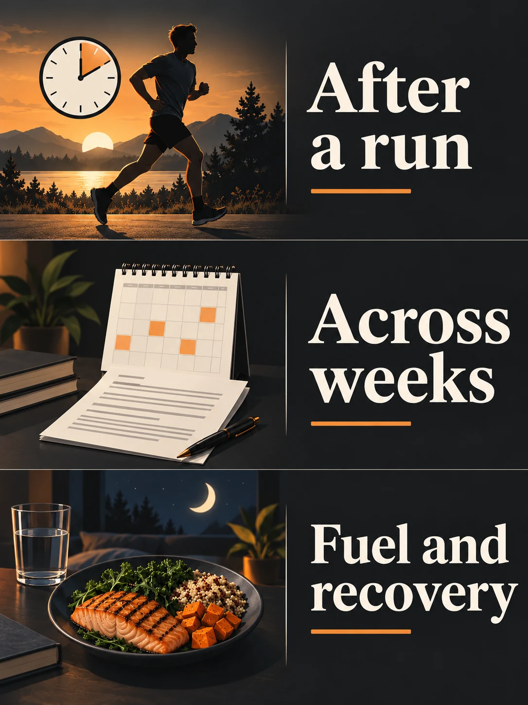 Does Running Boost Testosterone? | Training, Fuel and Recovery 3 Read the measurement in its training context. Illustrative contexts: after a run, across weeks, and fuel and recovery. These panels are not hormone measurements or a recommended running dose. The meal is an illustration, not a tested testosterone recipe.