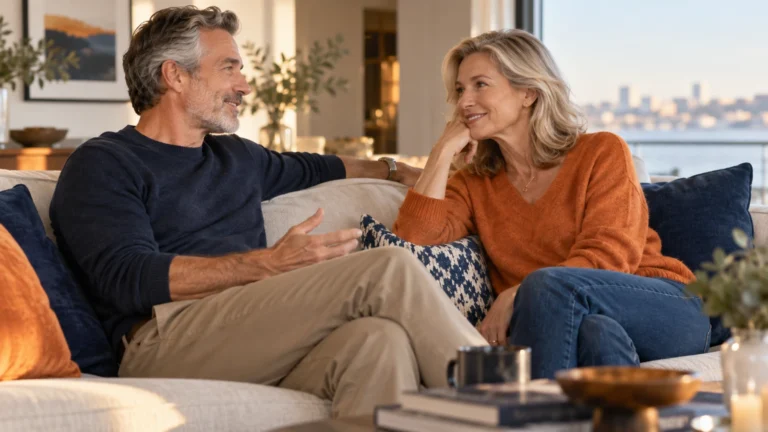 Does Sex Boost Testosterone? | Studies, Abstinence and Lasting Effects 4 Illustrative editorial scene of a fully clothed couple in their 50s having a relaxed conversation at home.