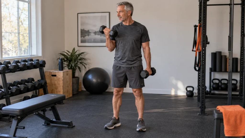 A man practices an alternating dumbbell curl with his elbows near his sides.