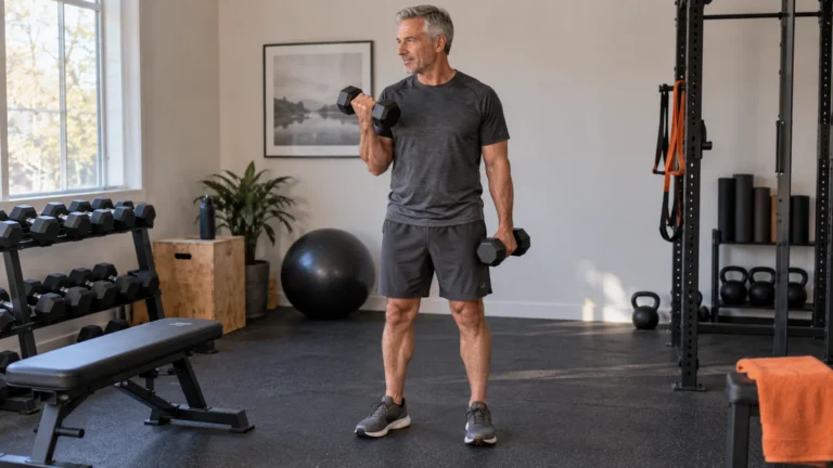 Dumbbell Arm Workout | Biceps, Triceps and Weekly Planning 3 A man practices an alternating dumbbell curl with his elbows near his sides.