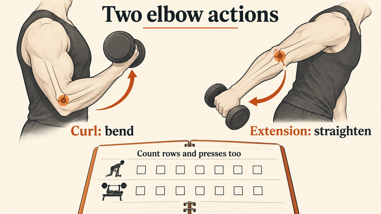 Dumbbell Arm Workout | Biceps, Triceps and Weekly Planning 3 Elbow-action diagrams compare bending for a curl with straightening for an extension, beside a weekly workload record.