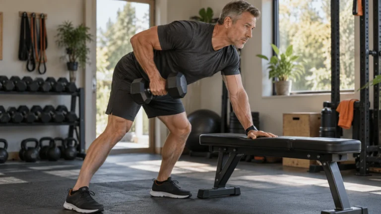 Dumbbell Back Workout | Supported Rows and a Home Plan 6 A man practices a supported one-arm dumbbell row in a home gym.