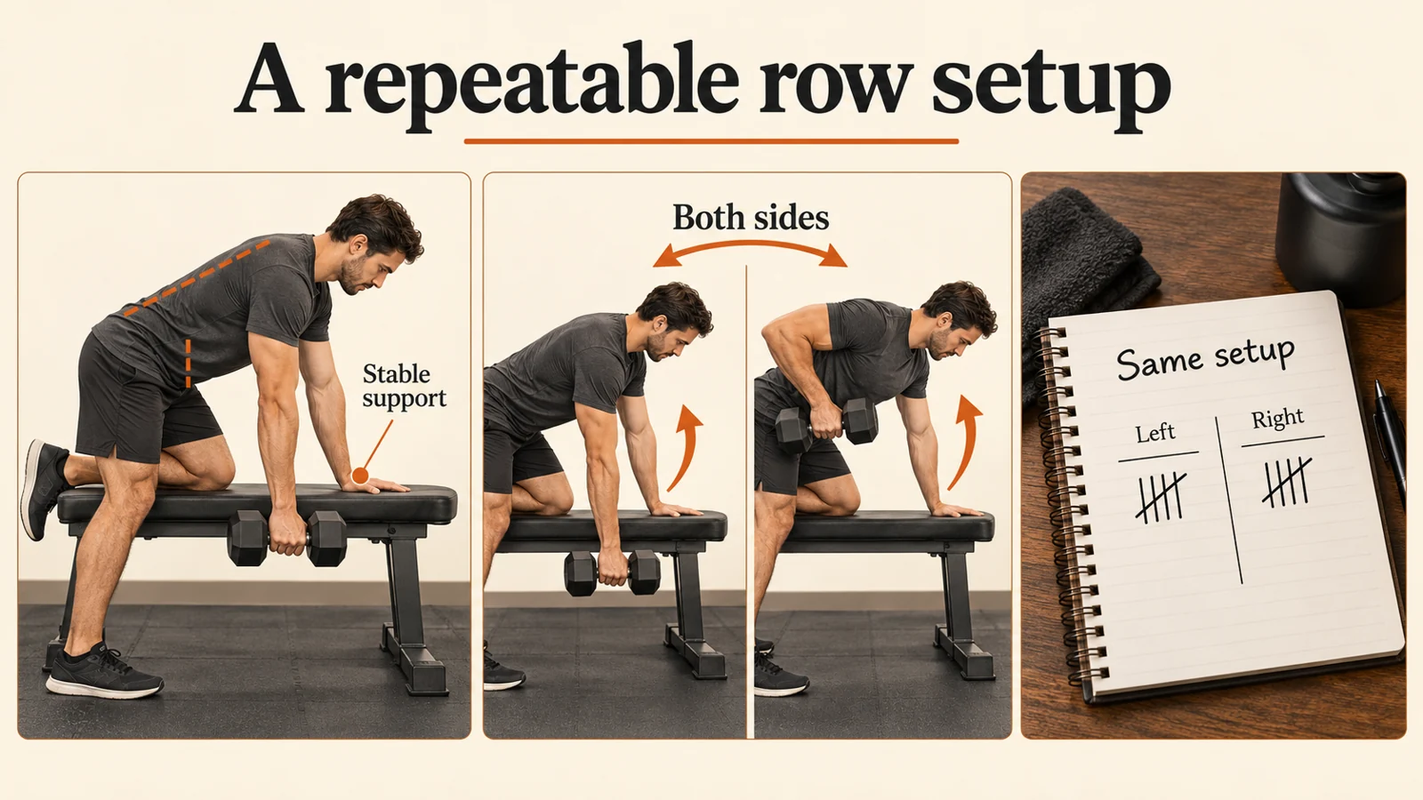 Dumbbell Back Workout | Supported Rows and a Home Plan 6 A supported row setup, work on both sides and a notebook for recording the same setup.