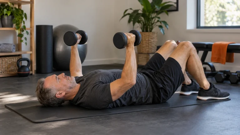 Dumbbell Chest Workout | Floor and Bench Options 5 A man holds light dumbbells during a floor press on a firm exercise mat.