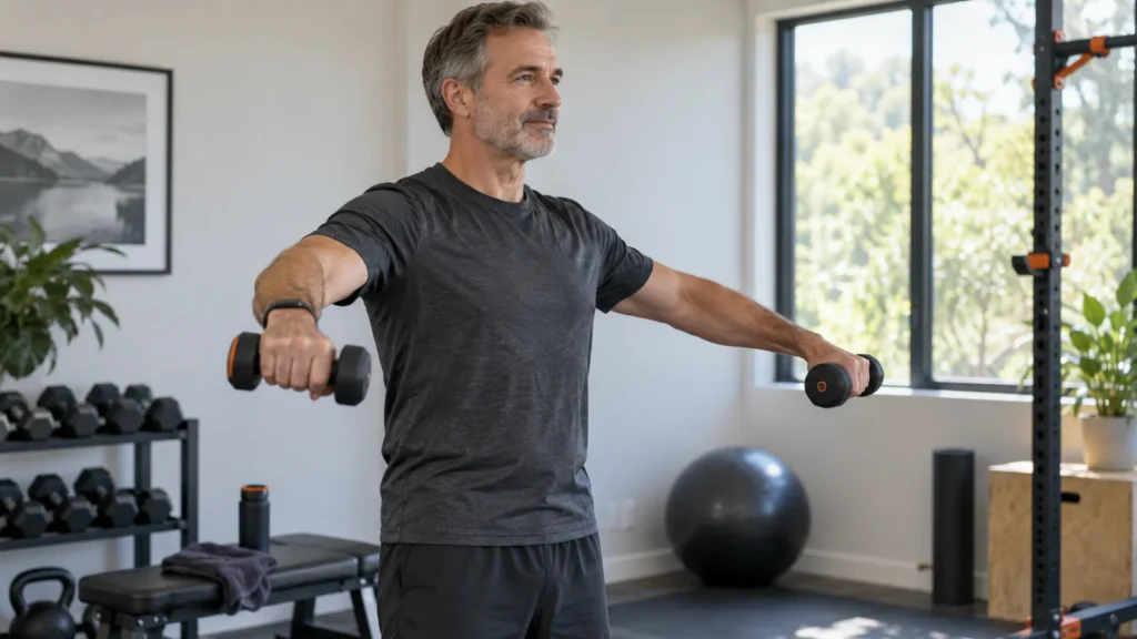 A man performs a controlled light dumbbell lateral raise in a home exercise room.