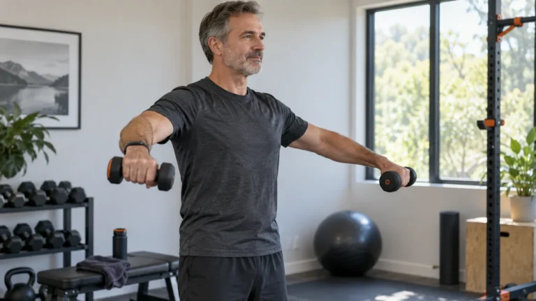 Dumbbell Shoulder Workout | Press, Raise and Rear Delts 4 A man performs a controlled light dumbbell lateral raise in a home exercise room.