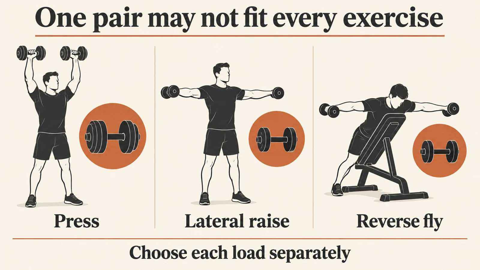 Dumbbell Shoulder Workout | Press, Raise and Rear Delts 3 Press, lateral raise and reverse fly illustrations each have a separate load choice.