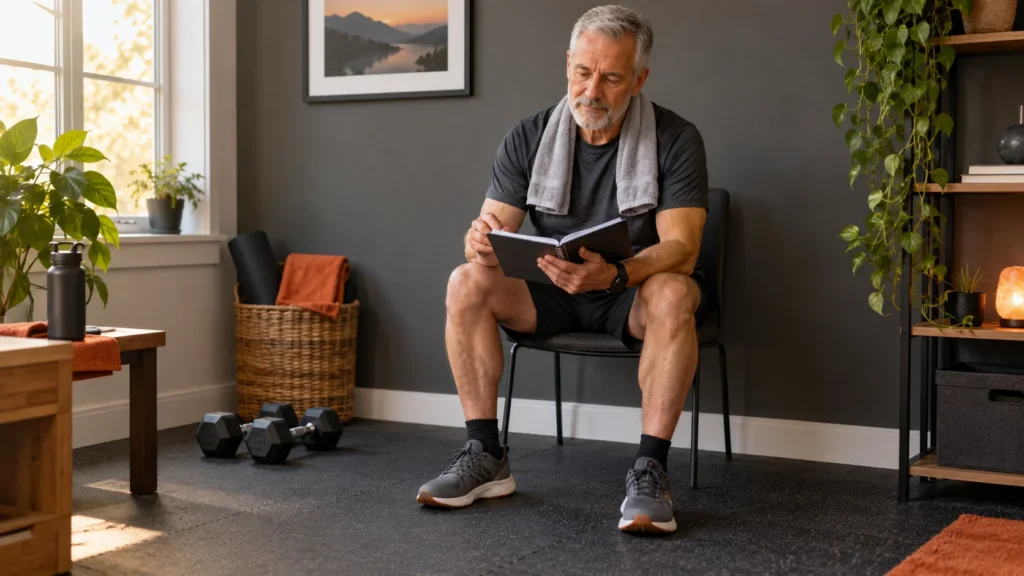 Illustrative scene of a seated man in his late 50s writing a dumbbell training record with weights parked beside the clear exercise area.