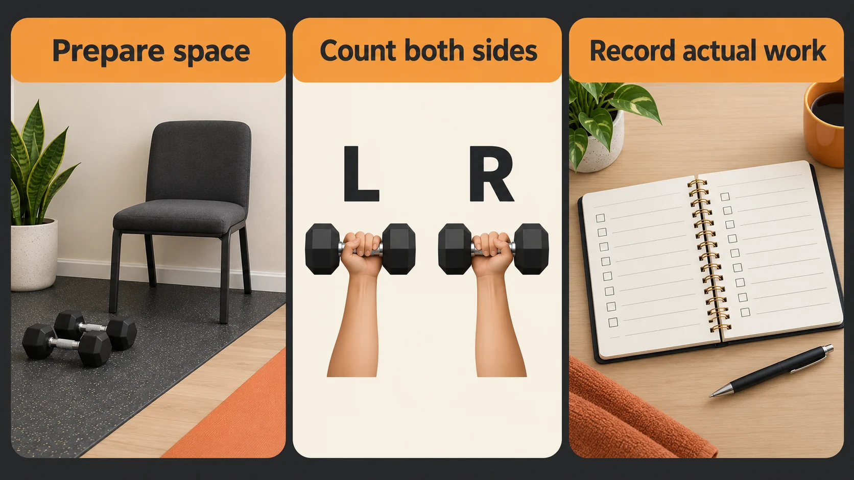 Prepare a clear chair and dumbbell space, record left and right work, and write actual completed sets.